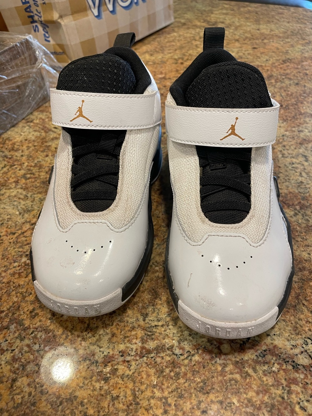 Jordan Kids White and Black velcro and lace Sneakers with Gold Jumpman